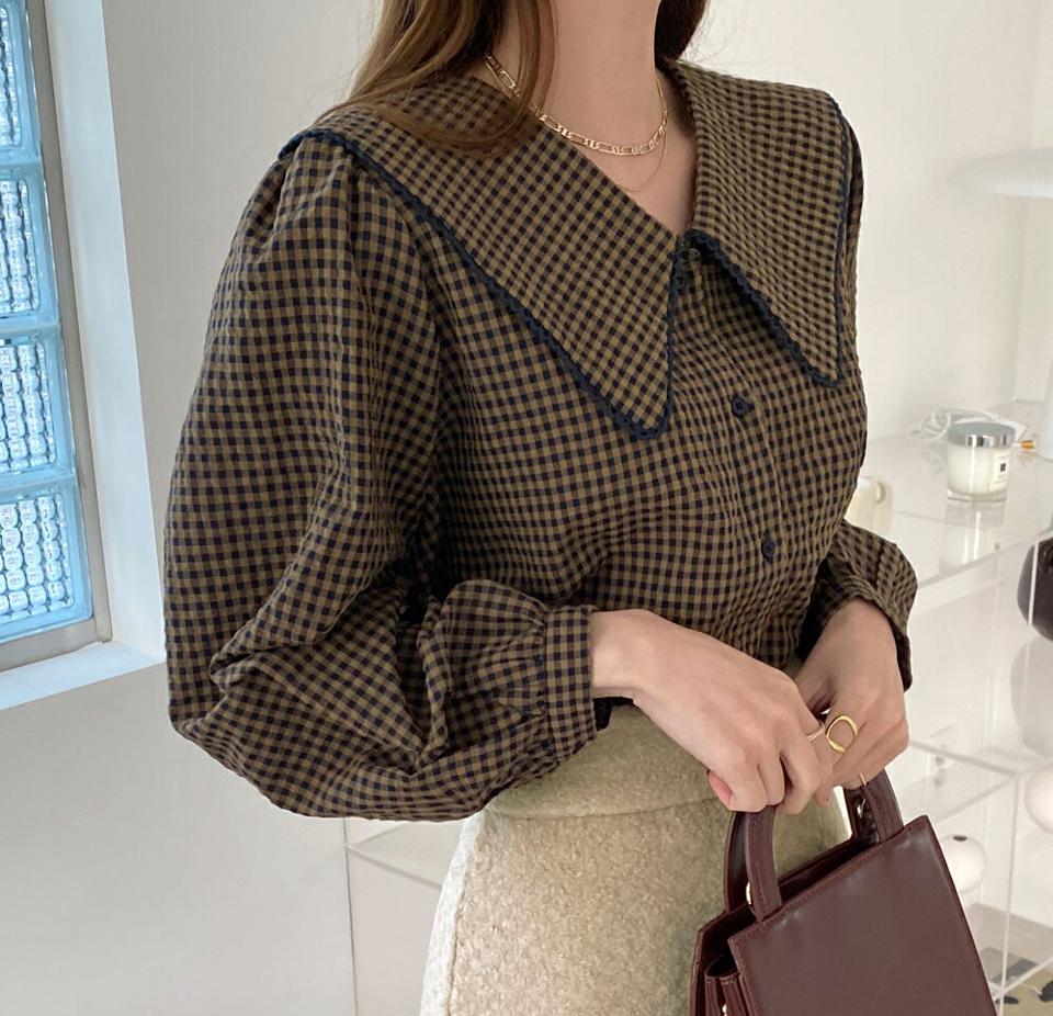 配色スカラップカラーチェックブラウス・全2色・t00508 レディース 【bl】トップス ブラウス 長袖 チェック柄 スカラップ 配色 ガーリー 可愛い かわいい 秋 冬 韓国ファッション ハイホリHIHOLLI