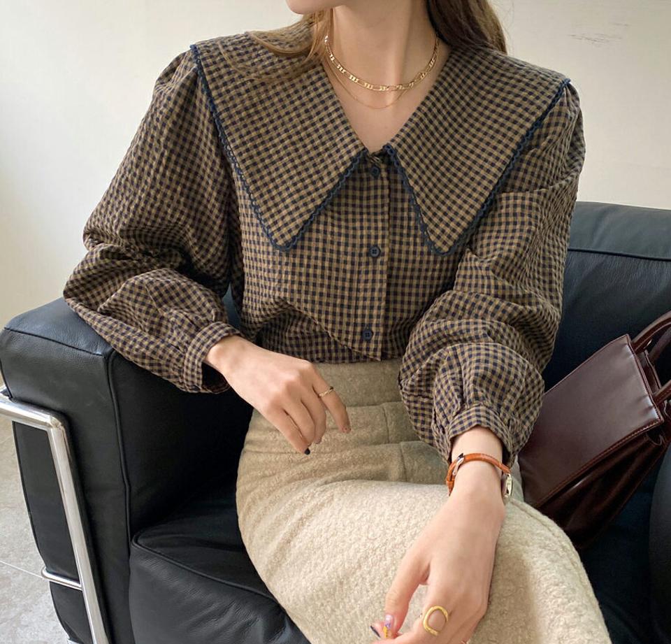 配色スカラップカラーチェックブラウス・全2色・t00508 レディース 【bl】トップス ブラウス 長袖 チェック柄 スカラップ 配色 ガーリー 可愛い かわいい 秋 冬 韓国ファッション ハイホリHIHOLLI