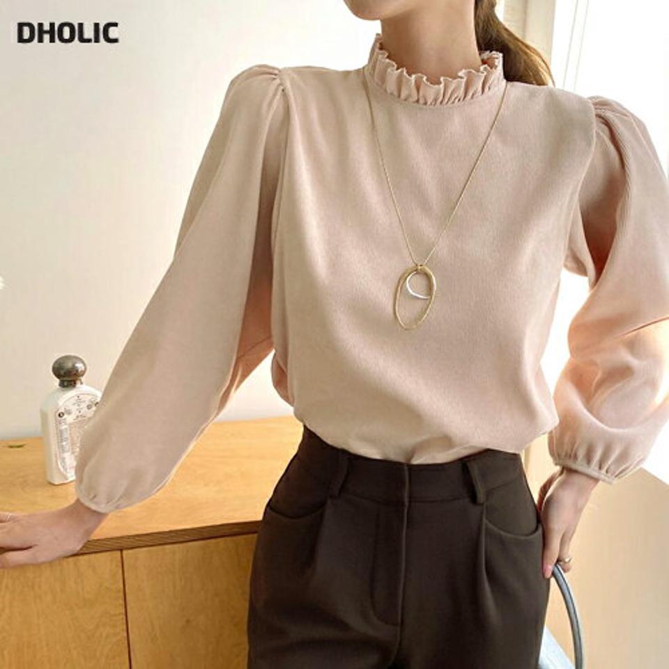 コーデュロイフリルネックブラウス・全4色・t00510 レディース 【bl】トップス ブラウス 長袖 フリルネック コーデュロイ 単色 無地 シンプル かわいい フェミニン 襟コン パフスリーブ パフ袖 秋 冬 韓国ファッション ハイホリHIHOLLI