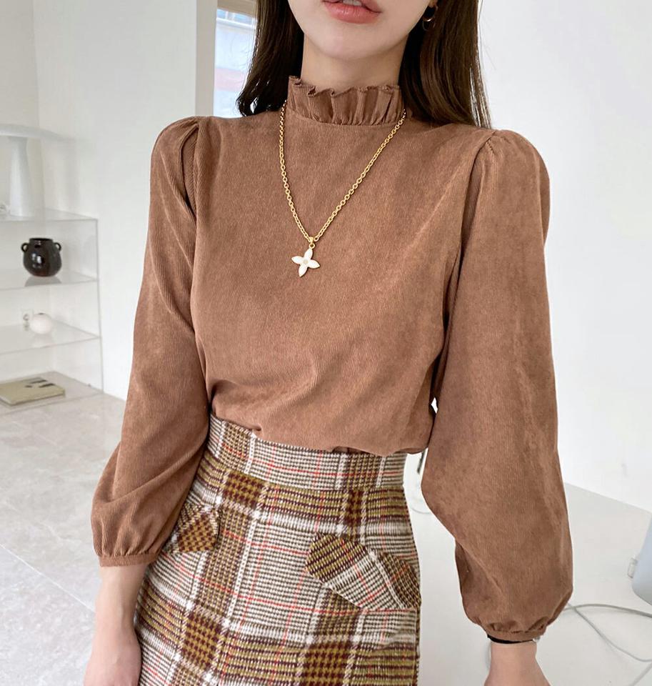 コーデュロイフリルネックブラウス・全4色・t00510 レディース 【bl】トップス ブラウス 長袖 フリルネック コーデュロイ 単色 無地 シンプル かわいい フェミニン 襟コン パフスリーブ パフ袖 秋 冬 韓国ファッション ハイホリHIHOLLI