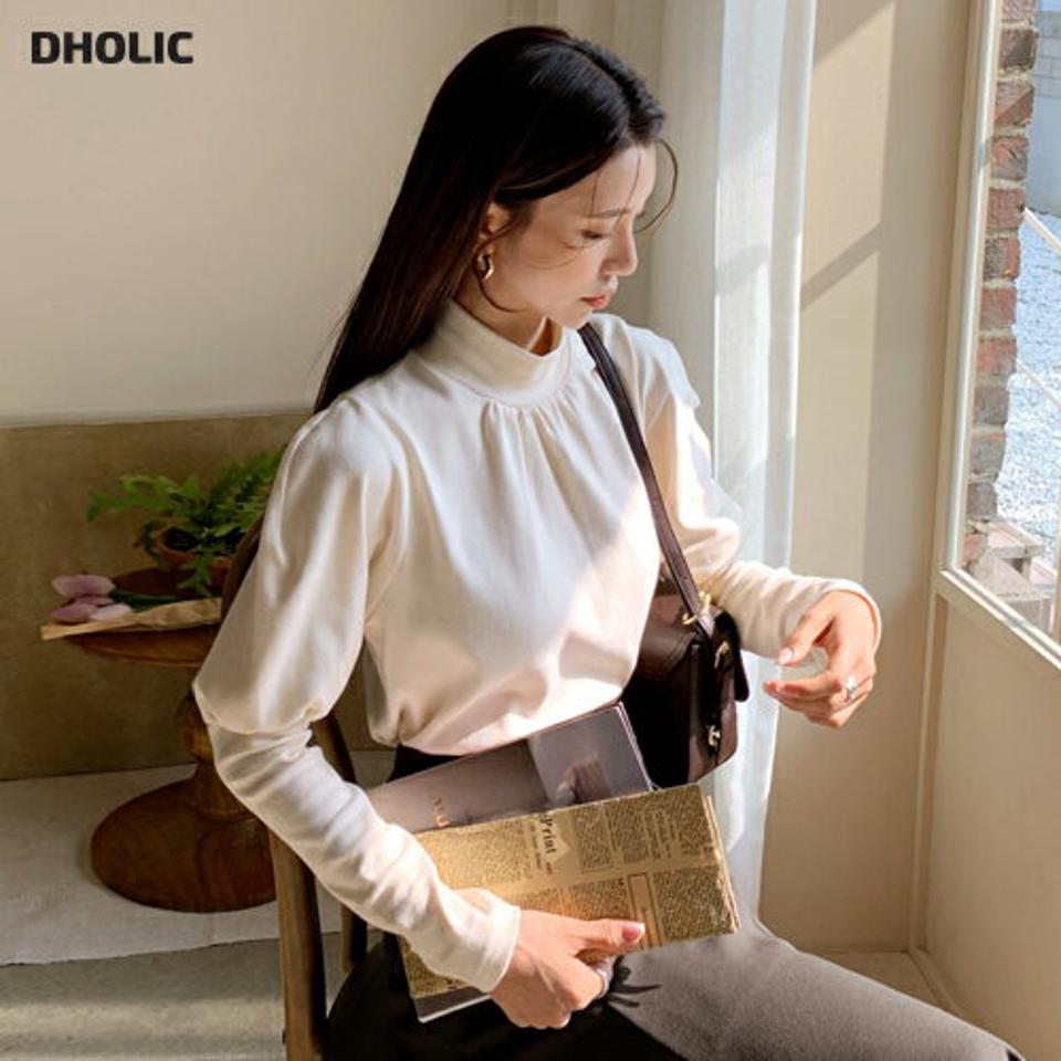 即日配送 ハーフネックパフTシャツ・全3色・t58408 レディース 【tops】韓国ファッション トップス Tシャツ 大人 長袖 ハーフネック パフスリーブ ギャザー 無地 シンプル カジュアル スリム 体型カバー 細身 フェミニン デイリー 上品 秋 冬