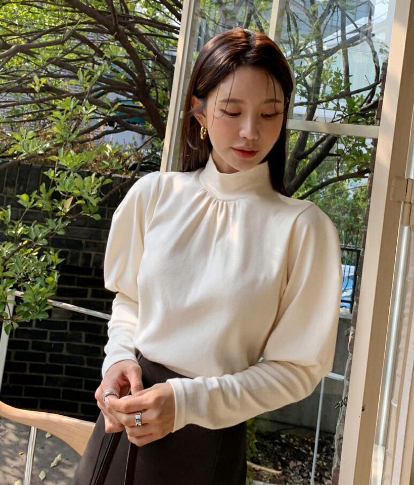 即日配送 ハーフネックパフTシャツ・全3色・t58408 レディース 【tops】韓国ファッション トップス Tシャツ 大人 長袖 ハーフネック パフスリーブ ギャザー 無地 シンプル カジュアル スリム 体型カバー 細身 フェミニン デイリー 上品 秋 冬