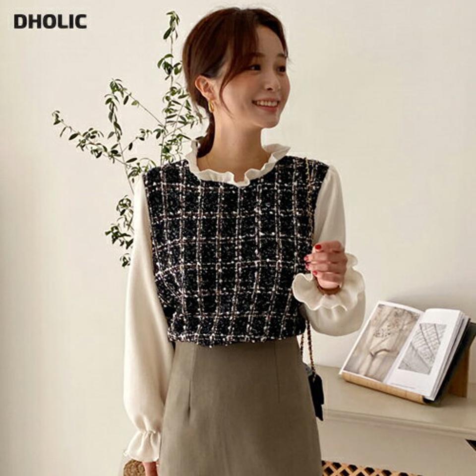 ツイードフリル配色ブラウス・全2色・t58371 レディース 【bl】韓国ファッション トップス ブラウス 長袖 ラウンドネック ツイード フリル 配色 大人 上品 ボタン コントラスト フェミニン ガーリー カジュアル 秋 冬