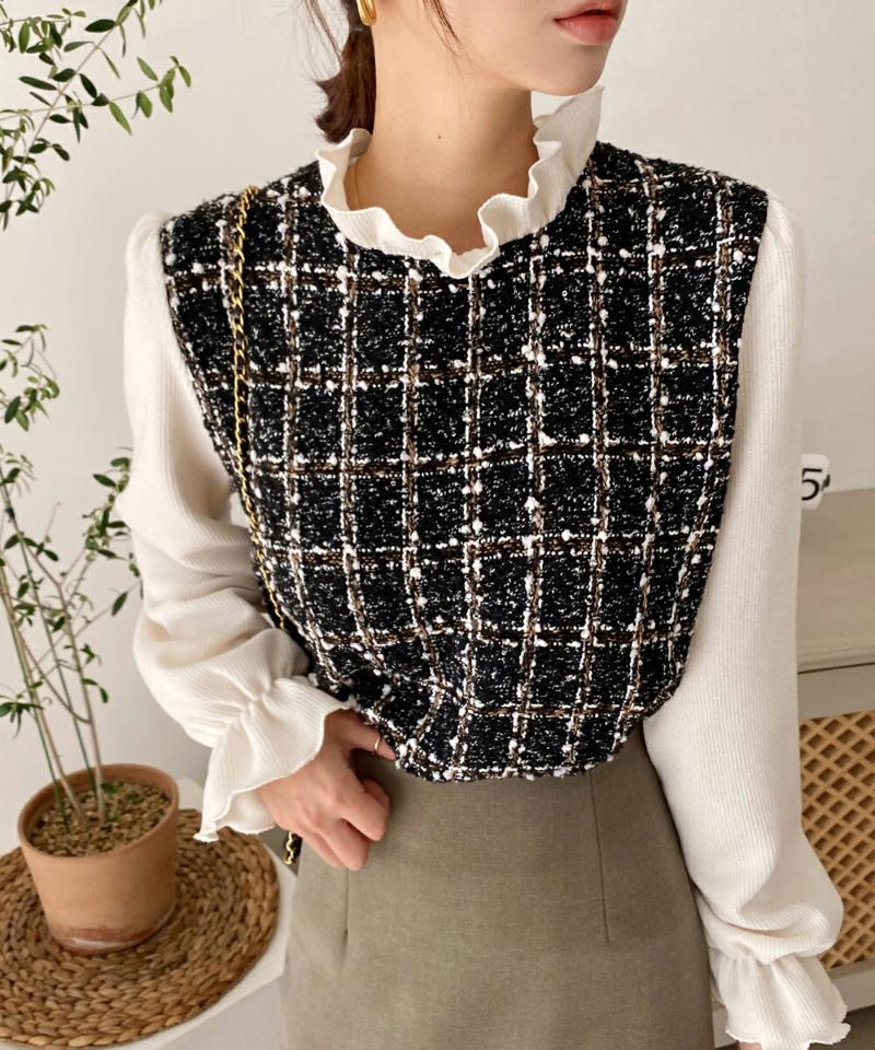 ツイードフリル配色ブラウス・全2色・t58371 レディース 【bl】韓国ファッション トップス ブラウス 長袖 ラウンドネック ツイード フリル 配色 大人 上品 ボタン コントラスト フェミニン ガーリー カジュアル 秋 冬