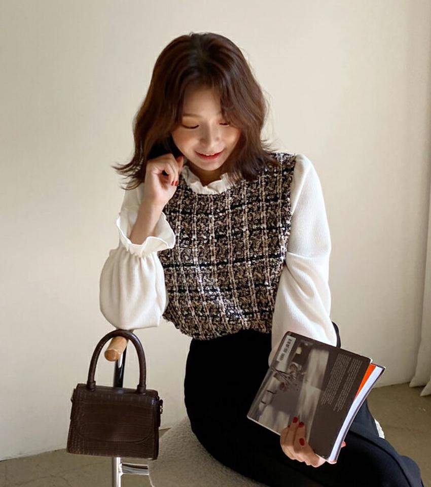 ツイードフリル配色ブラウス・全2色・t58371 レディース 【bl】韓国ファッション トップス ブラウス 長袖 ラウンドネック ツイード フリル 配色 大人 上品 ボタン コントラスト フェミニン ガーリー カジュアル 秋 冬