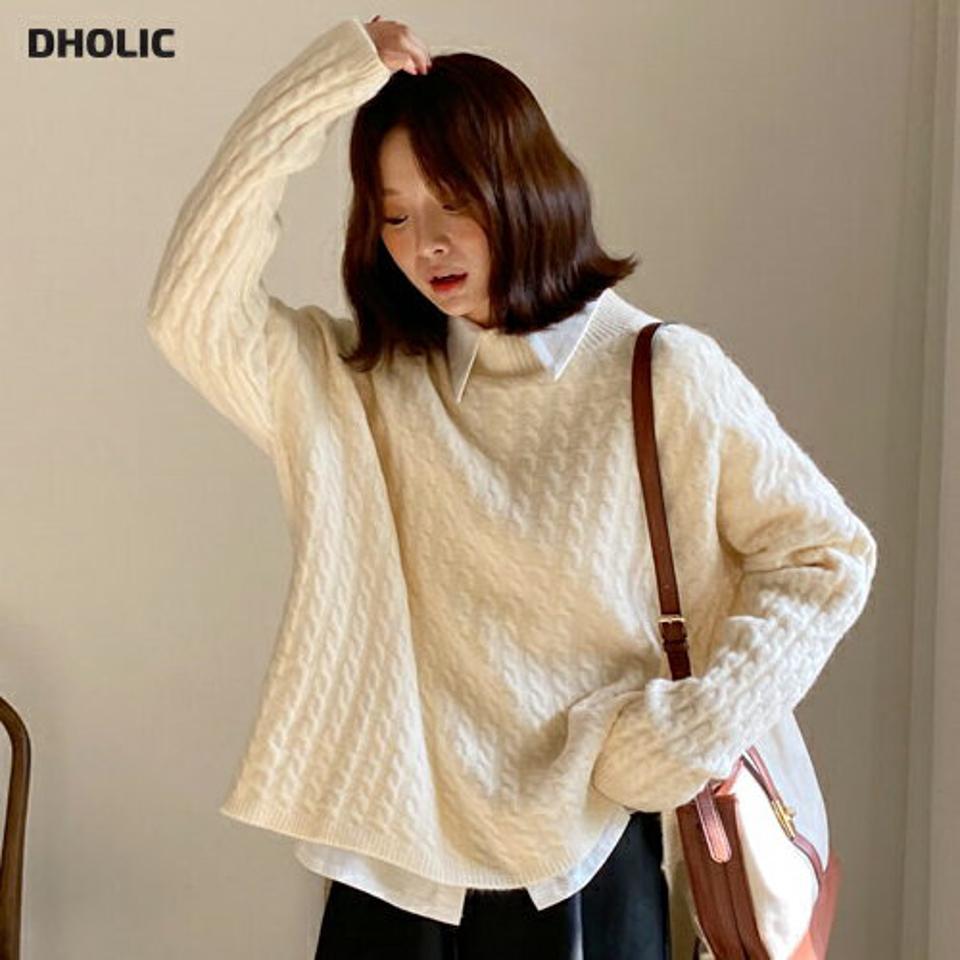 バックスリットケーブルニット・全2色・b58409 レディース 【tops】韓国ファッション トップス ニット 大人 長袖 ハーフネック スリット ケーブル編み リボン カジュアル ルーズ フェミニン 上品 秋 冬