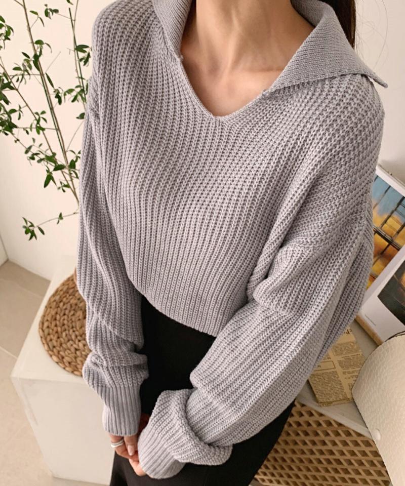 Vネックカラーニット・全4色・t58378 レディース 【tops】韓国ファッション トップス ニット 大人 長袖 Vネック カラー モダン ドロップショルダー カジュアル 無地 ポロ襟 ルーズ 襟コンシャス 体型カバー フェミニン 上品 シンプル 秋 冬