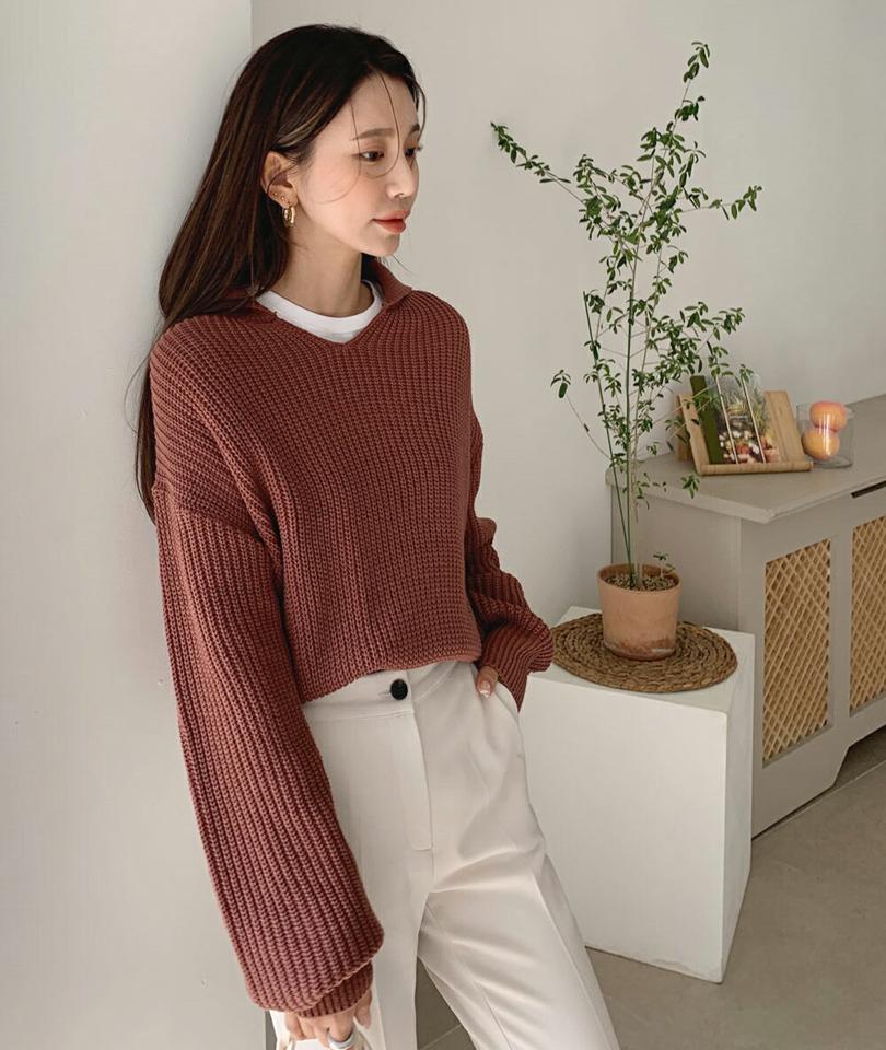 Vネックカラーニット・全4色・t58378 レディース 【tops】韓国ファッション トップス ニット 大人 長袖 Vネック カラー モダン ドロップショルダー カジュアル 無地 ポロ襟 ルーズ 襟コンシャス 体型カバー フェミニン 上品 シンプル 秋 冬