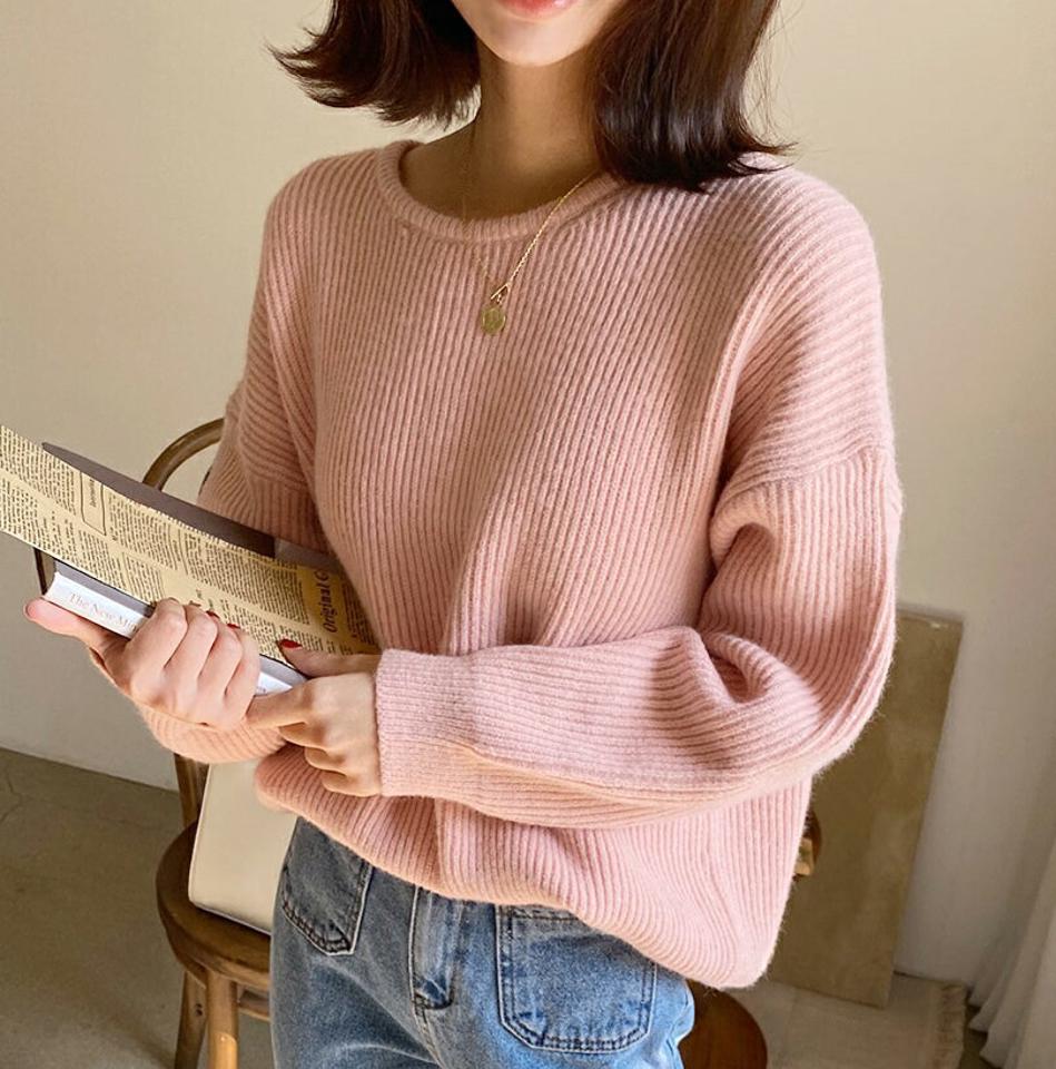 リブラウンドニット・全6色・t58379 レディース 【tops】韓国ファッション トップス ニット 年上 大人 長袖 ラウンドネック リブ スリム ドロップショルダー パステル フェミニン カラーニット 上品 無地 ベーシック シンプル 秋 冬