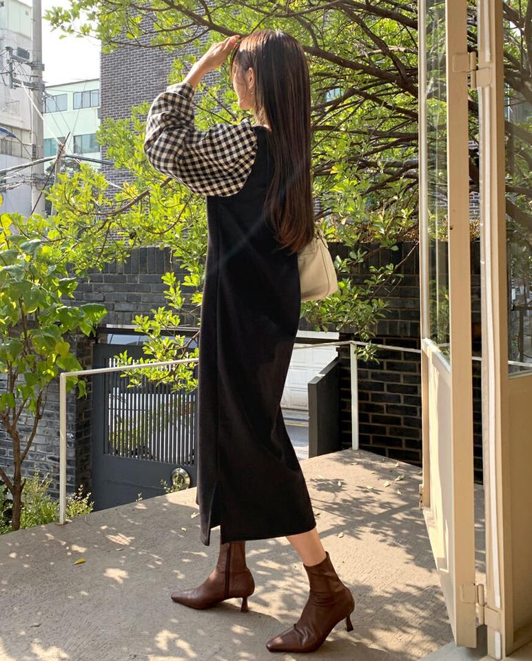 裏起毛スリーブチェックワンピース・全3色・b58385 レディース 【ops】韓国ファッション ワンピース ロング ロングワンピース 長袖 ラウンドネック 裏起毛 スリーブ チェック ロング丈 シンプル ルーズ フェミニン 体型カバー ガーリー 秋 冬