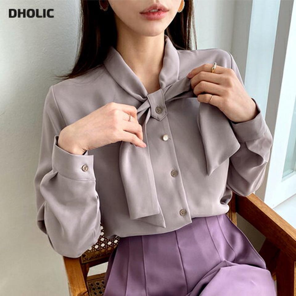 即日配送 ボウタイボタンブラウス・全3色・t70708 レディース 【bl】トップス ブラウス 長袖 ボウタイ 単色 無地 シンプル ベーシック 大人 かわいい オフィスカジュアル 上品 秋 冬 春 韓国ファッション ハイホリHIHOLLI