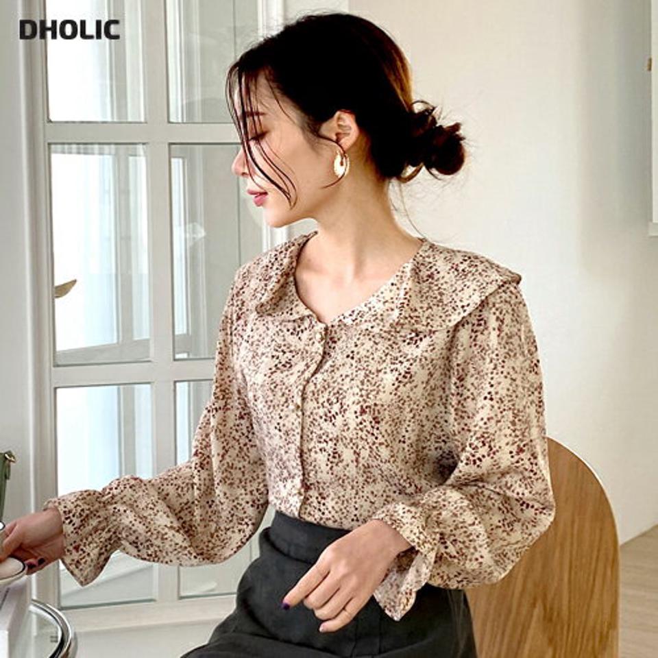 レトロ柄フレアカラーブラウス・全3色・t70714 レディース 【bl】トップス ブラウス 長袖 フレアカラー レトロ 総柄 花柄 フェミニン 丸襟 かわいい 可愛い 春 秋 冬 韓国ファッション HIHOLLI