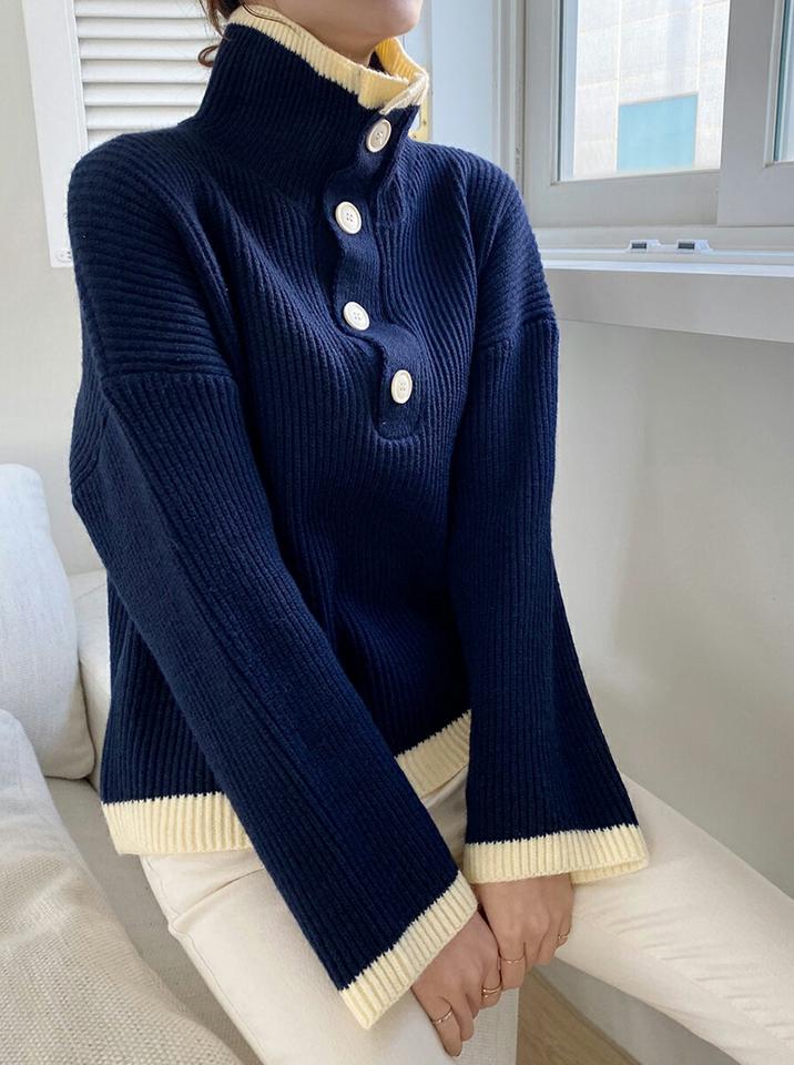 ハイネックボタン配色ニット・全2色・t70716 レディース 【tops】トップス ニット 長袖 襟付き ハイネック ボタン 配色 シンプル カジュアル ハーフボタン 大人 ポロ襟 秋 冬 韓国ファッション ハイホリHIHOLLI