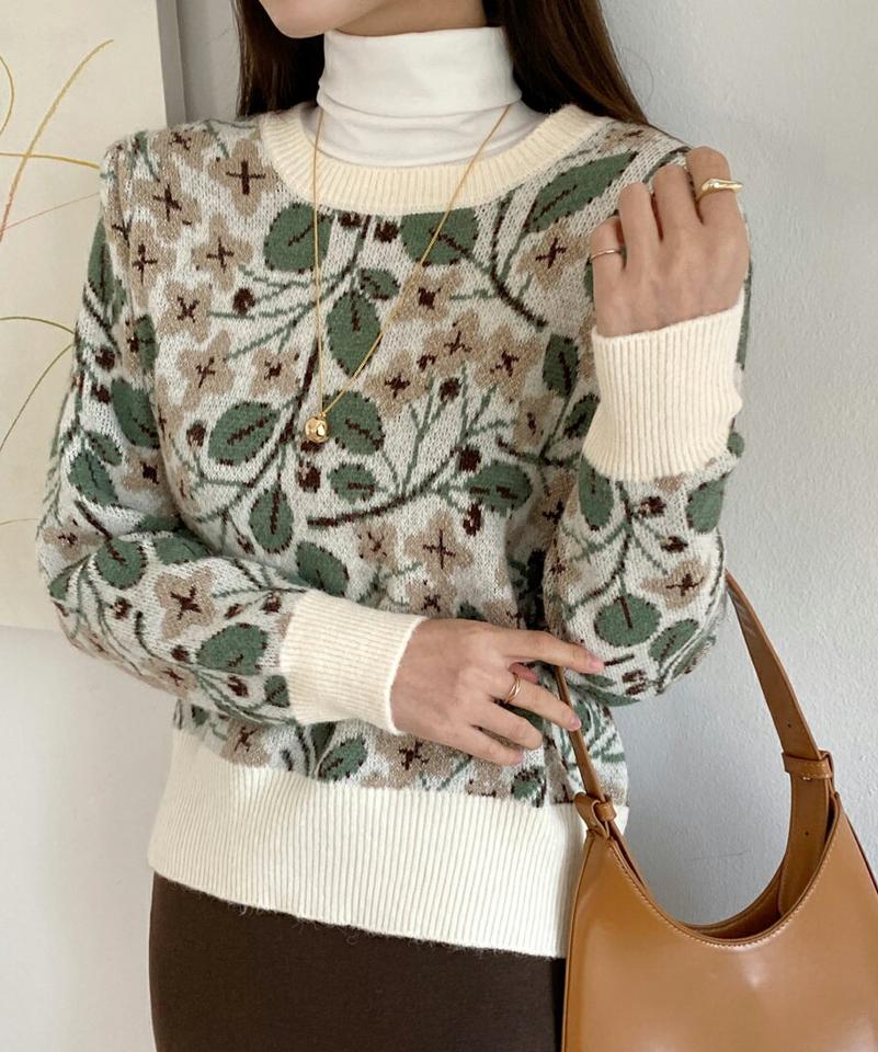 レトロフラワープリントニット・全2色・t70710 レディース 【tops】トップス ニット 長袖 花柄 レトロ かわいい 可愛い カジュアル グリッター ラメ 柄ニット ウール混 秋 冬 韓国ファッション ハイホリHIHOLLI