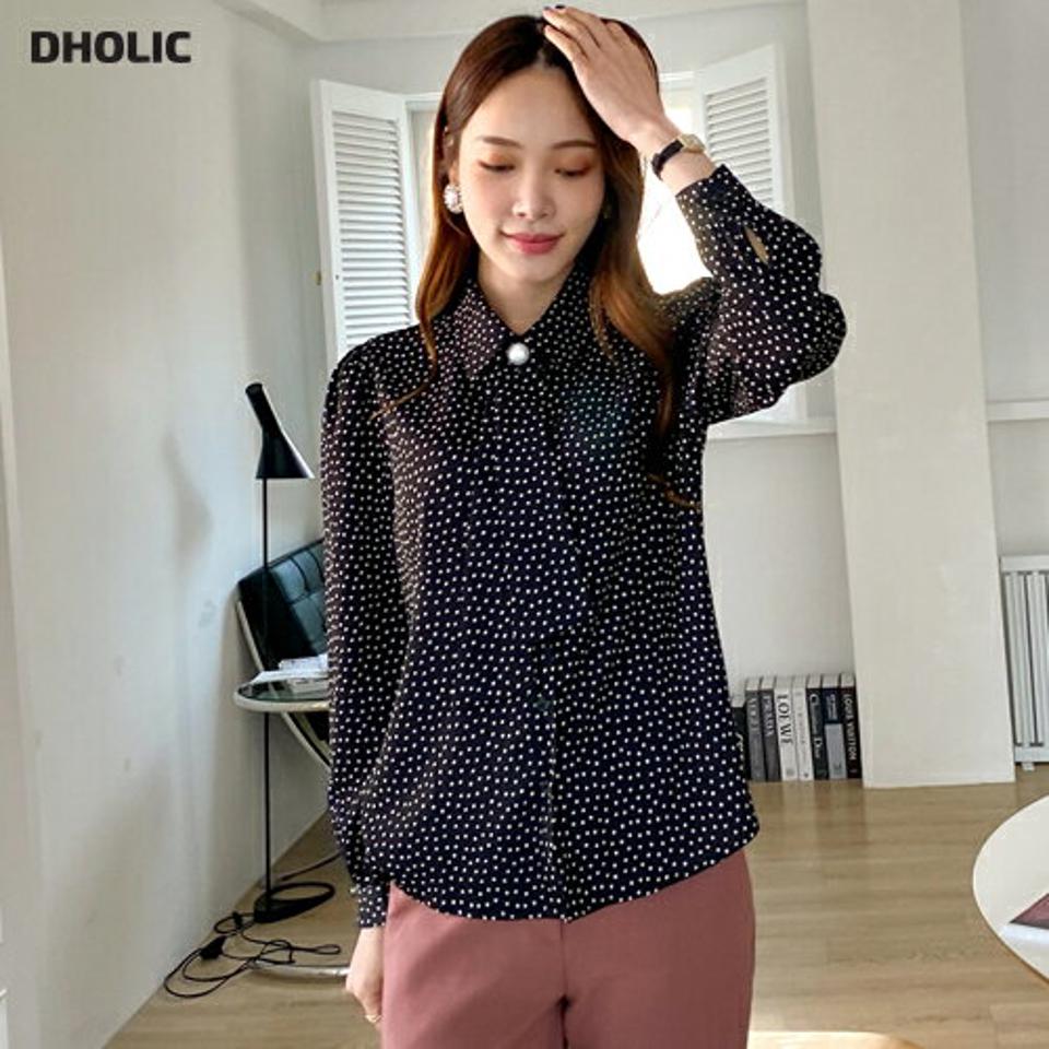 スクエアドットボウタイブラウス・全2色・t70705 レディース 【bl】トップス ブラウス 長袖 ボウタイ ドット柄 パールボタン 上品 かわいい 可愛い 春 秋 冬 韓国ファッション ハイホリHIHOLLI