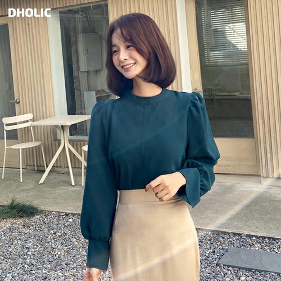 即日配送 ステッチパフブラウス・全4色・t63051 レディース 【bl】韓国ファッション トップス ブラウス 長袖 バンドカラー ステッチ パフ スリット 大人 上品 フリル 無地 ベーシック シンプル フェミニン 体型カバー ガーリー カジュアル 秋 冬