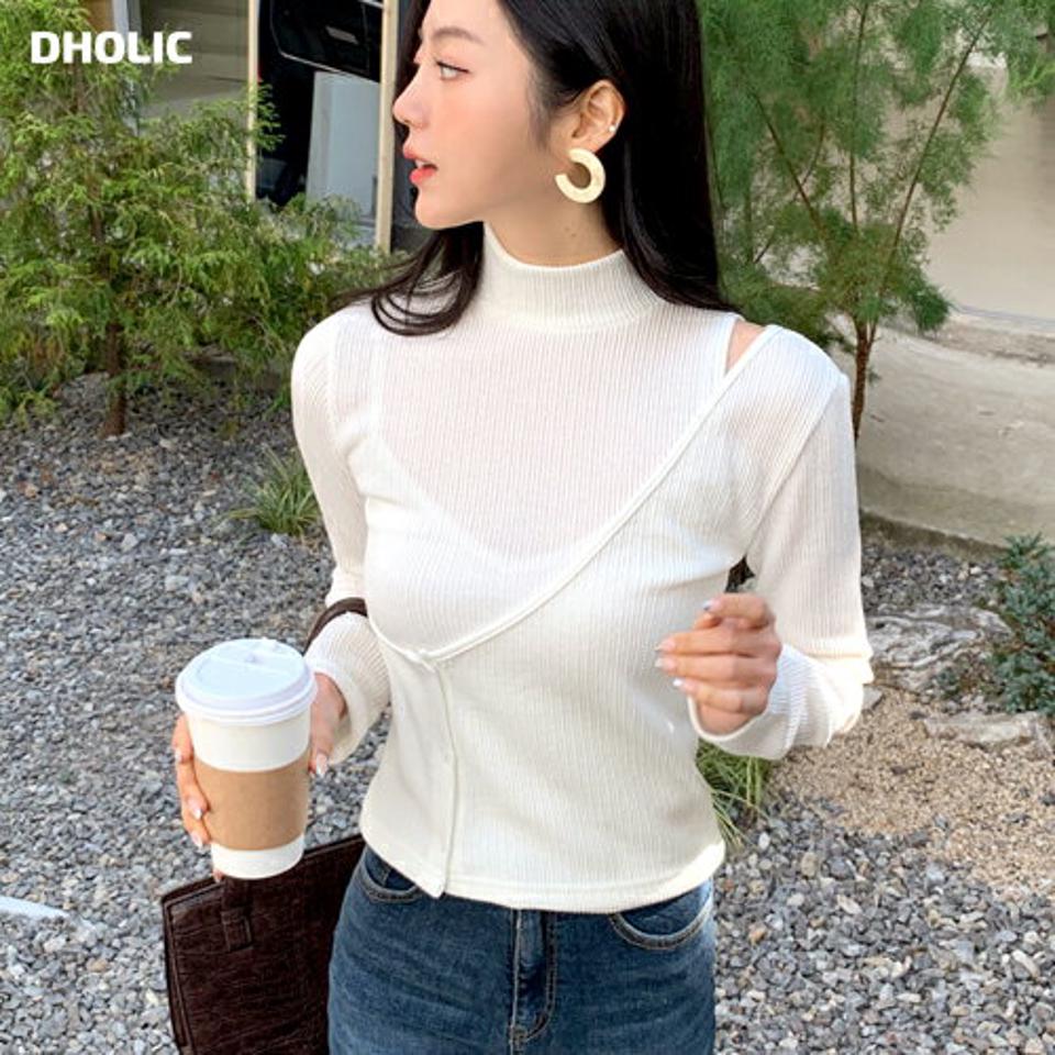 ハーフネックリブスリットTシャツ・全4色・t63058 レディース 【tops】韓国ファッション トップス Tシャツ 大人 長袖 ハーフネック リブ スリット 無地 シンプル カジュアル スリム 体型カバー 細身 フェミニン デイリー 上品 秋 冬