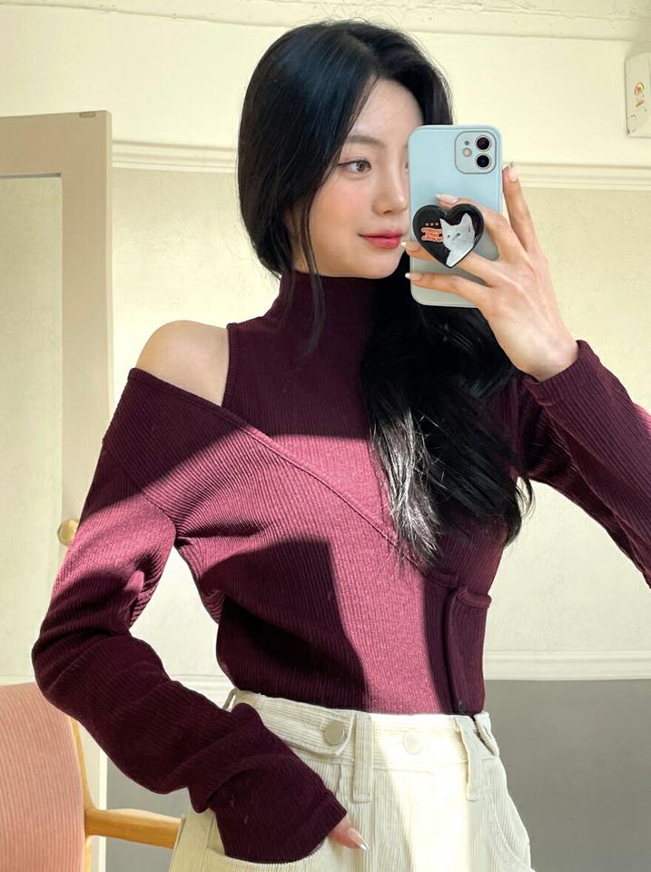 ハーフネックリブスリットTシャツ・全4色・t63058 レディース 【tops】韓国ファッション トップス Tシャツ 大人 長袖 ハーフネック リブ スリット 無地 シンプル カジュアル スリム 体型カバー 細身 フェミニン デイリー 上品 秋 冬