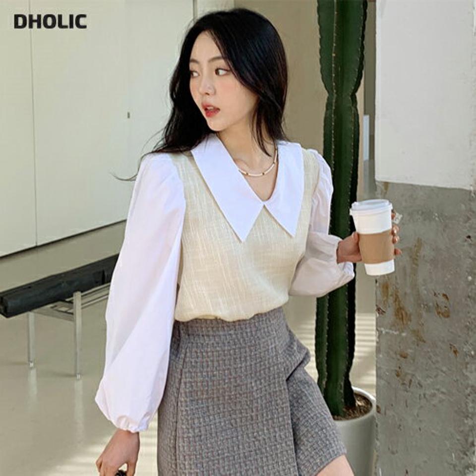 配色カラーツイードブラウス・全3色・t63019 レディース 【bl】韓国ファッション 異素材ミックス トップス ブラウス 長袖 コントラストカラー 配色 カラー ツイード 大人 上品 シンプル ボタン フェミニン ガーリー カジュアル 秋 冬