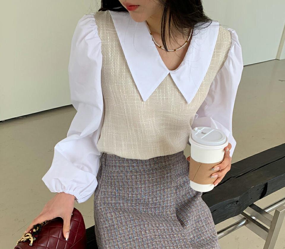 配色カラーツイードブラウス・全3色・t63019 レディース 【bl】韓国ファッション 異素材ミックス トップス ブラウス 長袖 コントラストカラー 配色 カラー ツイード 大人 上品 シンプル ボタン フェミニン ガーリー カジュアル 秋 冬