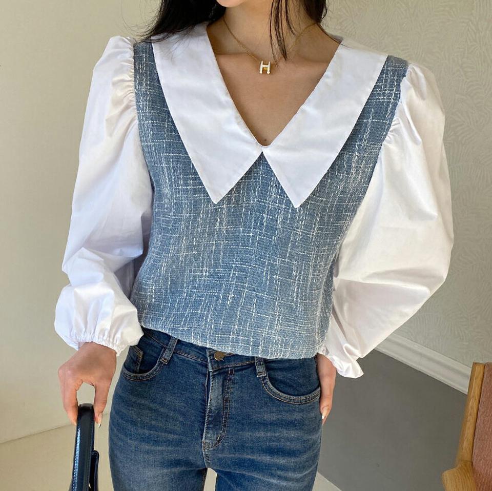 配色カラーツイードブラウス・全3色・t63019 レディース 【bl】韓国ファッション 異素材ミックス トップス ブラウス 長袖 コントラストカラー 配色 カラー ツイード 大人 上品 シンプル ボタン フェミニン ガーリー カジュアル 秋 冬