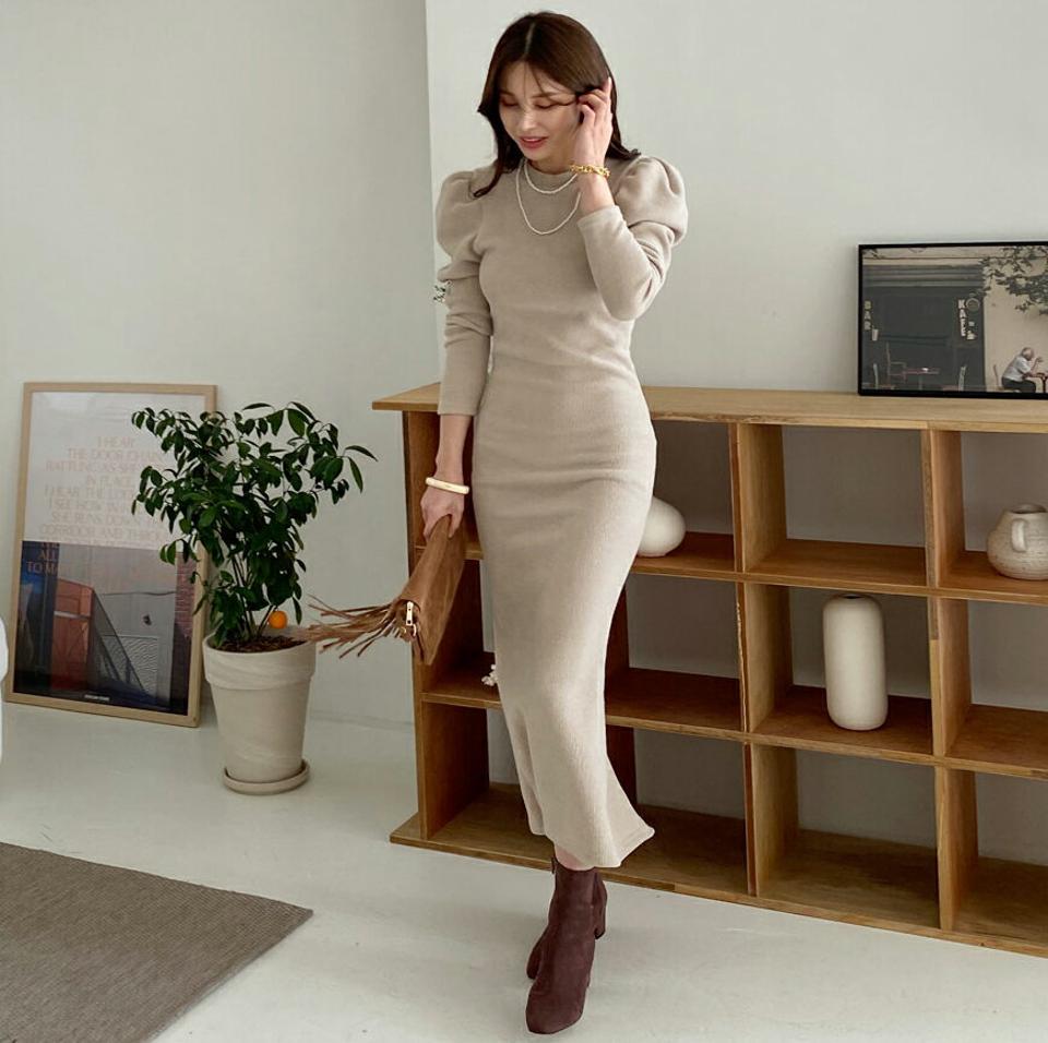 パフスリーブロングワンピース・全3色・b00198 レディース 【ops】 ワンピース ロングワンピース 長袖 パフスリーブ ラウンドネック ストレート スリム 秋 冬 韓国ファッション ハイホリHIHOLLI