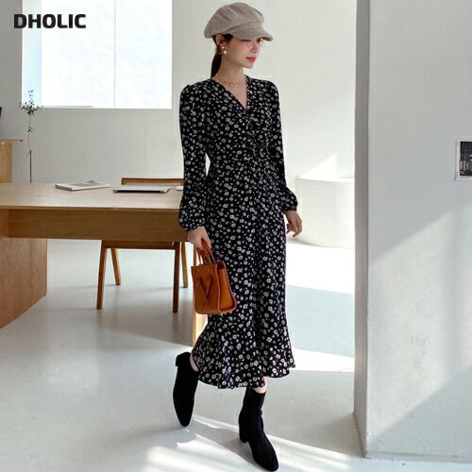 フラワーシャーリングワンピース・全2色・t00197 レディース 【ops】 ワンピース ロング ロングワンピース 長袖 花柄 フラワー シャーリング Vネック デコルテ リボン 秋 冬 韓国ファッション ハイホリHIHOLLI
