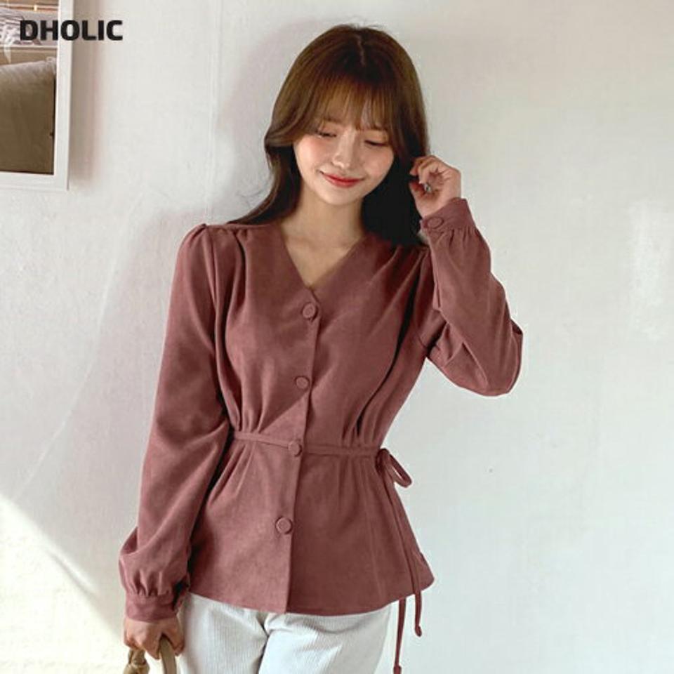 Vネックサイドリボンブラウス・全3色・t01195 レディース 【bl】韓国ファッション トップス ブラウス 長袖 Vネック リボン 無地 単色 大人 ボタン ギャザー シンプル フェミニン 上品 体型カバー 細身 ガーリー 秋 冬 NIJU