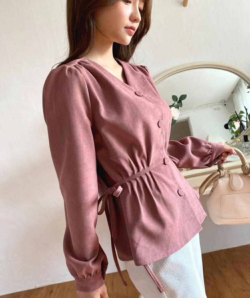 Vネックサイドリボンブラウス・全3色・t01195 レディース 【bl】韓国ファッション トップス ブラウス 長袖 Vネック リボン 無地 単色 大人 ボタン ギャザー シンプル フェミニン 上品 体型カバー 細身 ガーリー 秋 冬 NIJU