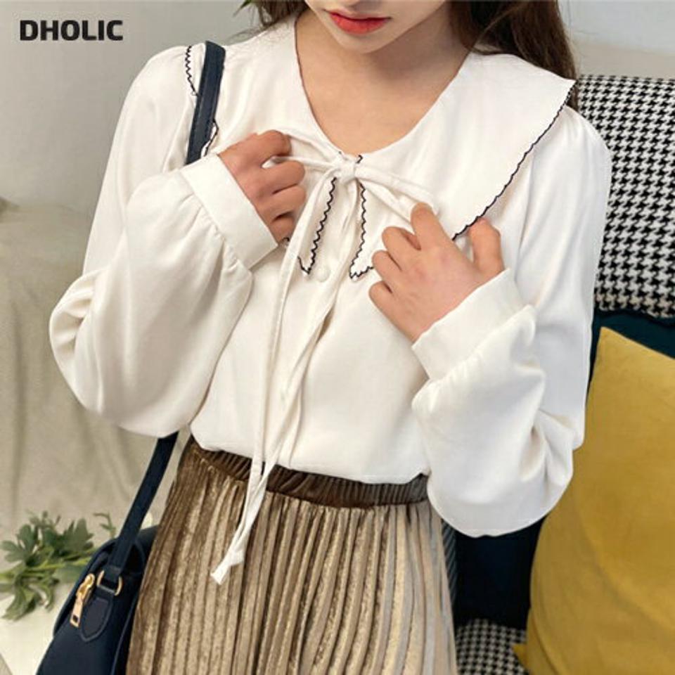 ウェーブパイピングカラーブラウス・全3色・t01196 レディース 【bl】韓国ファッション トップス ブラウス 長袖 ネックストラップ ウェーブパイピング カラー 大人 ボタン シンプル フェミニン 上品 体型カバー 細身 ガーリー 秋 冬 NIJU