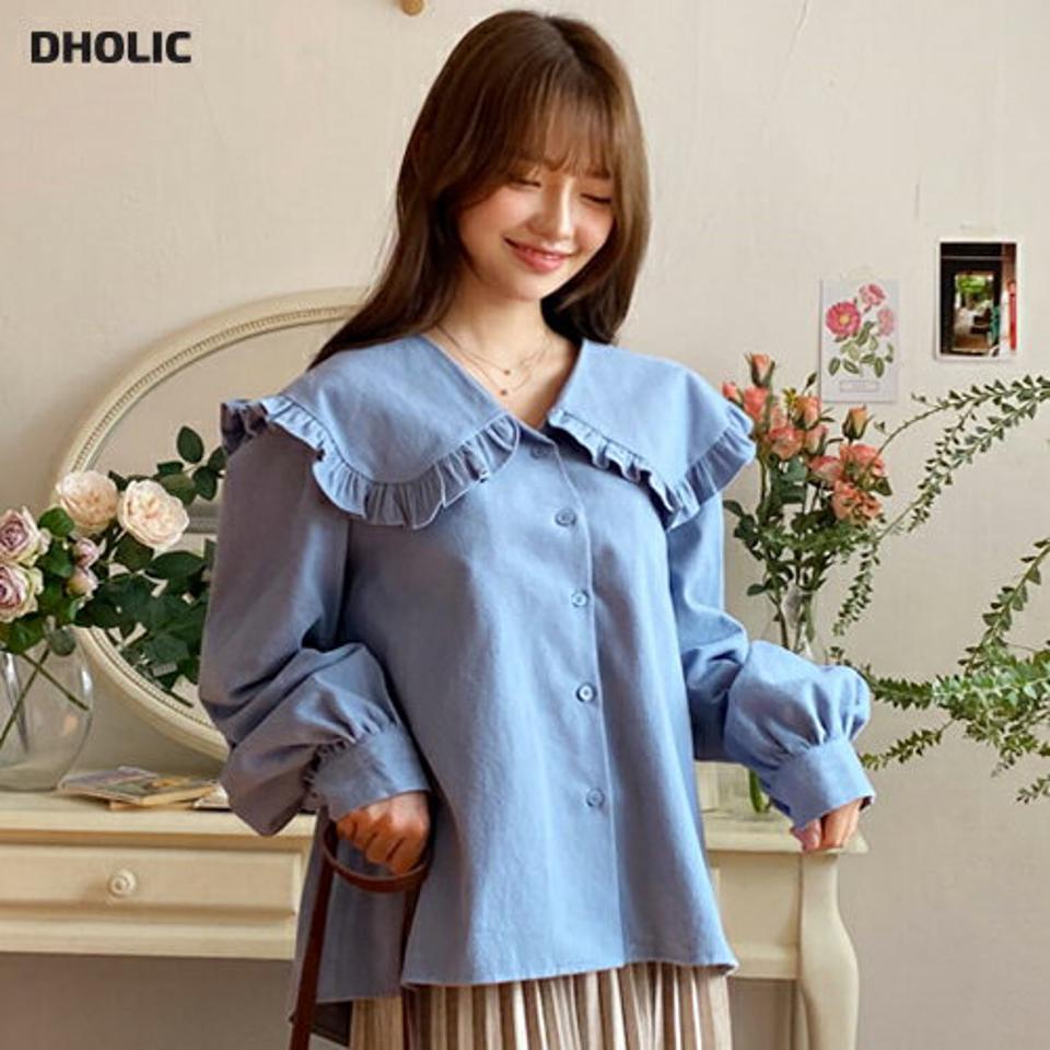 ビッグフリルカラーブラウス・全3色・t01197 レディース 【bl】韓国ファッション トップス ブラウス 長袖 Vネック フリルカラー 無地 大人 ボタン シンプル フェミニン ルーズ 上品 体型カバー 細身 ガーリー 秋 冬 NIJU