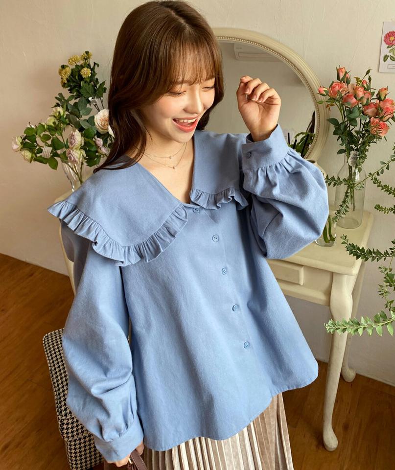 ビッグフリルカラーブラウス・全3色・t01197 レディース 【bl】韓国ファッション トップス ブラウス 長袖 Vネック フリルカラー 無地 大人 ボタン シンプル フェミニン ルーズ 上品 体型カバー 細身 ガーリー 秋 冬 NIJU