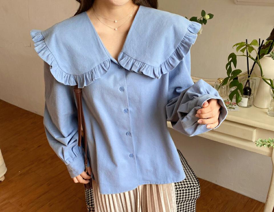 ビッグフリルカラーブラウス・全3色・t01197 レディース 【bl】韓国ファッション トップス ブラウス 長袖 Vネック フリルカラー 無地 大人 ボタン シンプル フェミニン ルーズ 上品 体型カバー 細身 ガーリー 秋 冬 NIJU