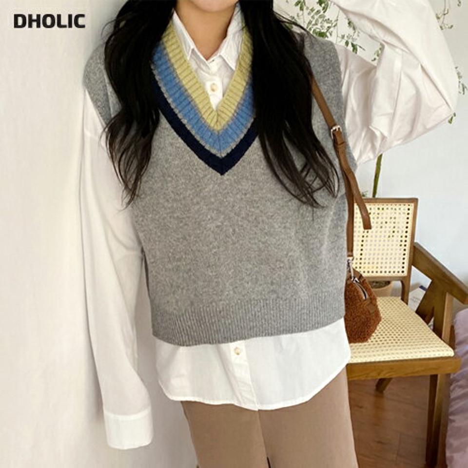 Vネック配色ラインニットベスト・全3色・t01198 レディース 【tops】韓国ファッション トップス ニット ベスト Vネック 配色 体型カバー ゆったり ビンテージ 楽ちん フェミニン シンプル デイリー ガーリー 秋 冬 NIJU