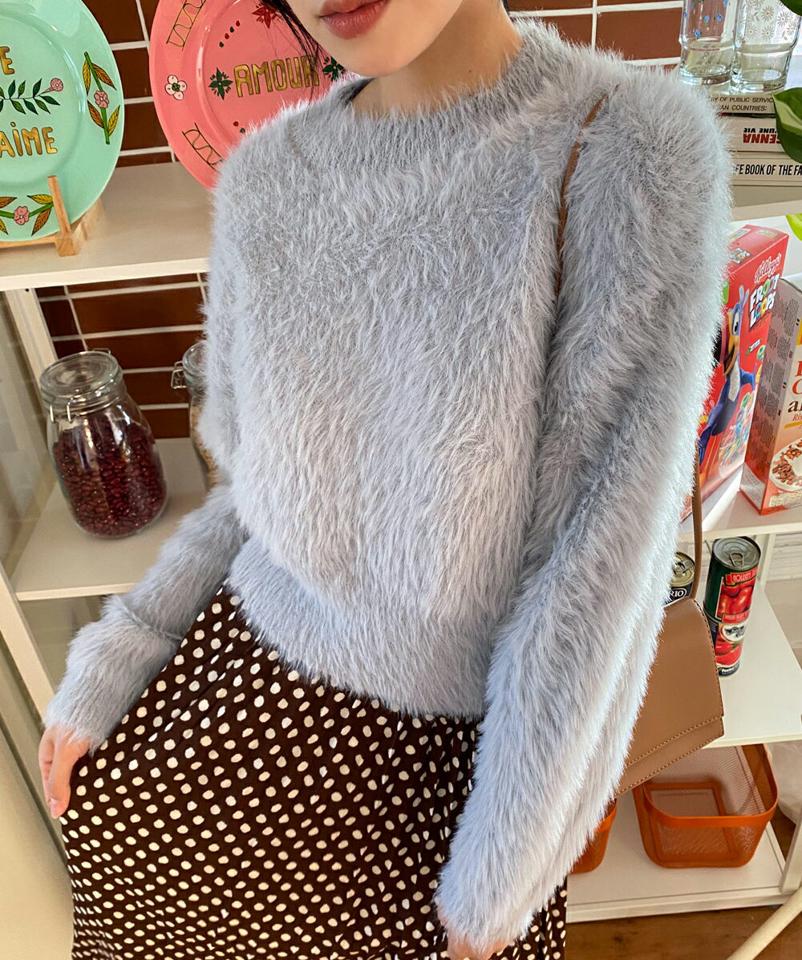 シャギーラウンドネックニット・全4色・b01199 レディース 【tops】韓国ファッション トップス ニット 長袖 ラウンドネック シャギーニット クロップド丈 ゆったり 楽ちん 無地 フェミニン シンプル デイリー ガーリー もこもこ ショート丈 秋 冬 NIJU