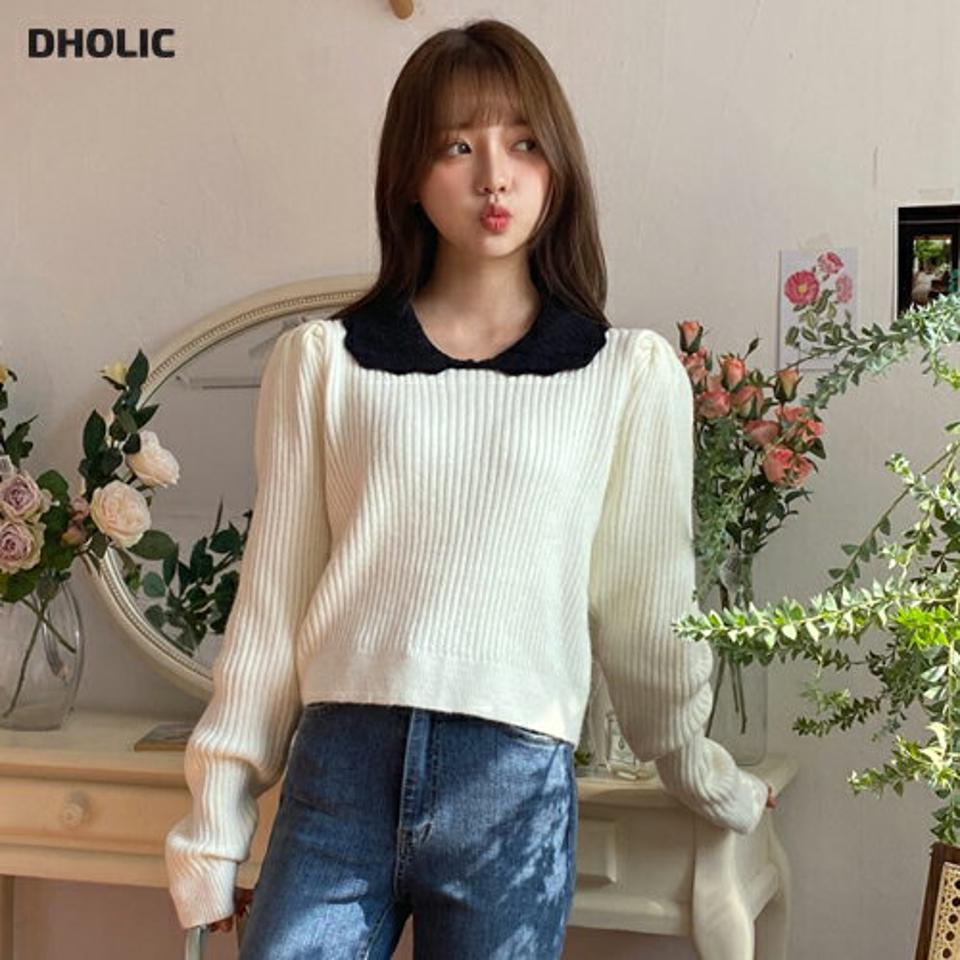 配色パンチングカラーニット・全3色・b01200 レディース 【tops】韓国ファッション トップス ニット 長袖 ラウンドネック 配色 パンチングカラー 体型カバー ゆったり 楽ちん 襟 フェミニン パフスリーブ シンプル デイリー ガーリー 秋 冬 NIJU