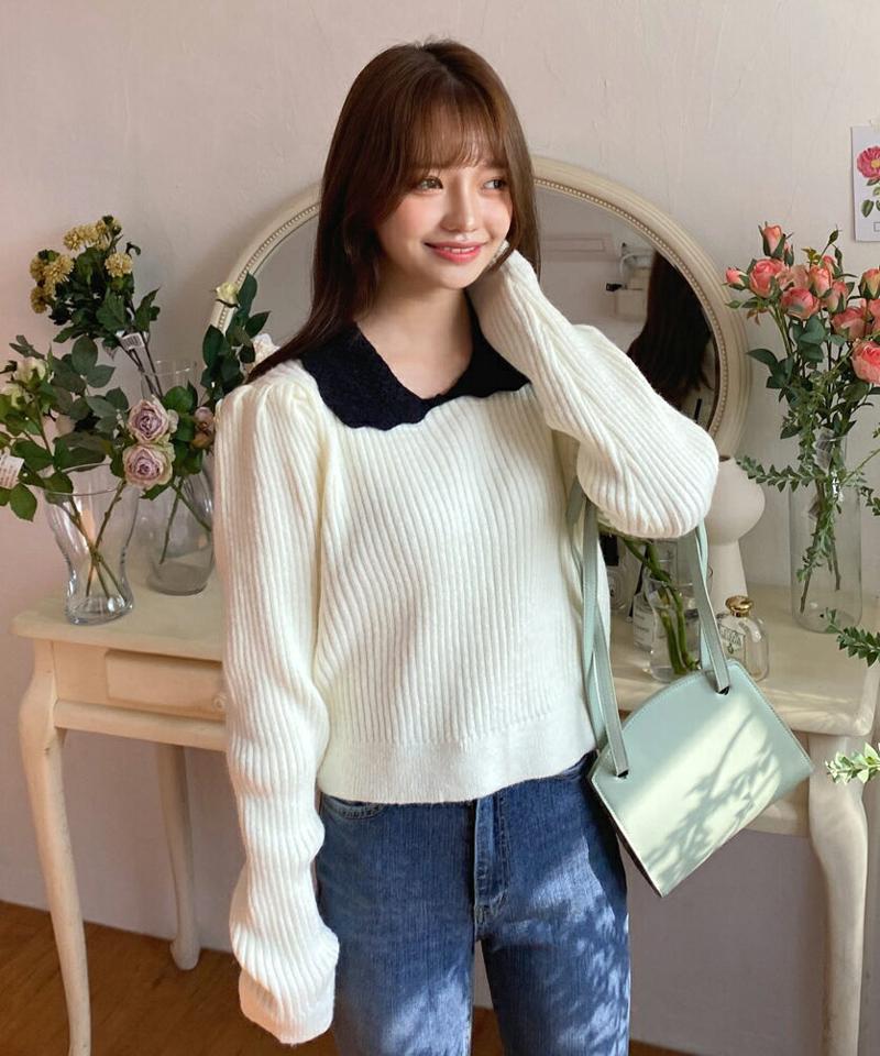 配色パンチングカラーニット・全3色・b01200 レディース 【tops】韓国ファッション トップス ニット 長袖 ラウンドネック 配色 パンチングカラー 体型カバー ゆったり 楽ちん 襟 フェミニン パフスリーブ シンプル デイリー ガーリー 秋 冬 NIJU