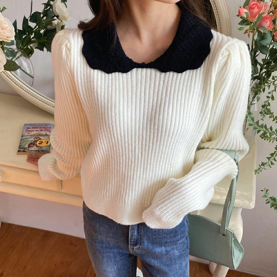 配色パンチングカラーニット・全3色・b01200 レディース 【tops】韓国ファッション トップス ニット 長袖 ラウンドネック 配色 パンチングカラー 体型カバー ゆったり 楽ちん 襟 フェミニン パフスリーブ シンプル デイリー ガーリー 秋 冬 NIJU