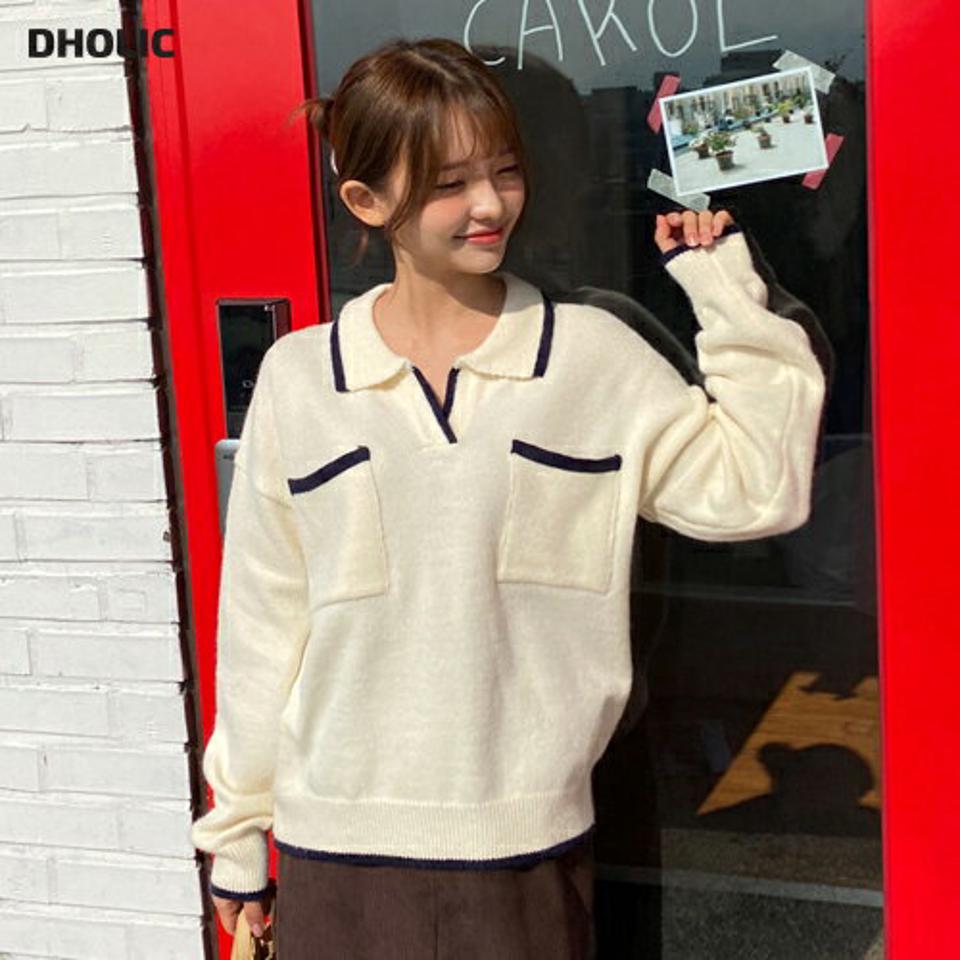 配色ラインポケットカラーニット・全3色・t01201 レディース 【tops】韓国ファッション トップス ニット 長袖 スキッパーカラー 配色 体型カバー ポロ襟 ポケット ゆったり 楽ちん ルーズ フェミニン シンプル デイリー ガーリー 秋 冬 NIJU