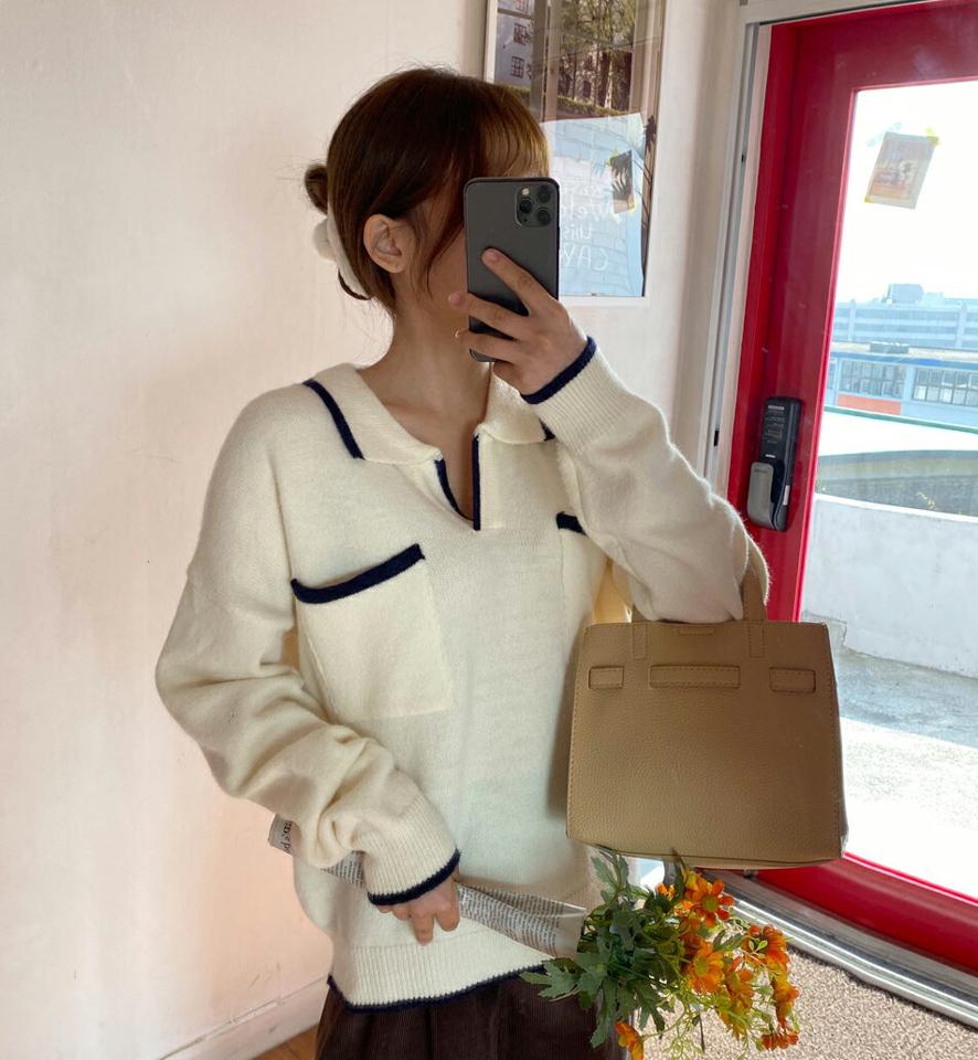 配色ラインポケットカラーニット・全3色・t01201 レディース 【tops】韓国ファッション トップス ニット 長袖 スキッパーカラー 配色 体型カバー ポロ襟 ポケット ゆったり 楽ちん ルーズ フェミニン シンプル デイリー ガーリー 秋 冬 NIJU