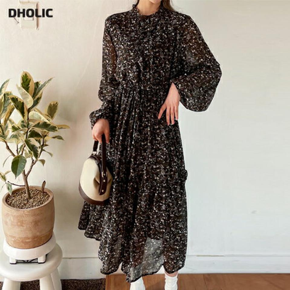 フローラルフリルロングワンピース・全2色・b01205 レディース 【ops】韓国ファッション ワンピース ロングワンピース 長袖 花柄 小花柄 フローラル フリル ロング丈 シンプル カジュアル フェミニン 秋 冬 NIJU