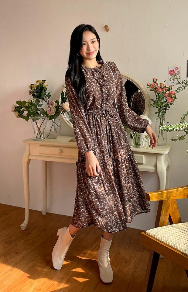 フローラルフリルロングワンピース・全2色・b01205 レディース 【ops】韓国ファッション ワンピース ロングワンピース 長袖 花柄 小花柄 フローラル フリル ロング丈 シンプル カジュアル フェミニン 秋 冬 NIJU