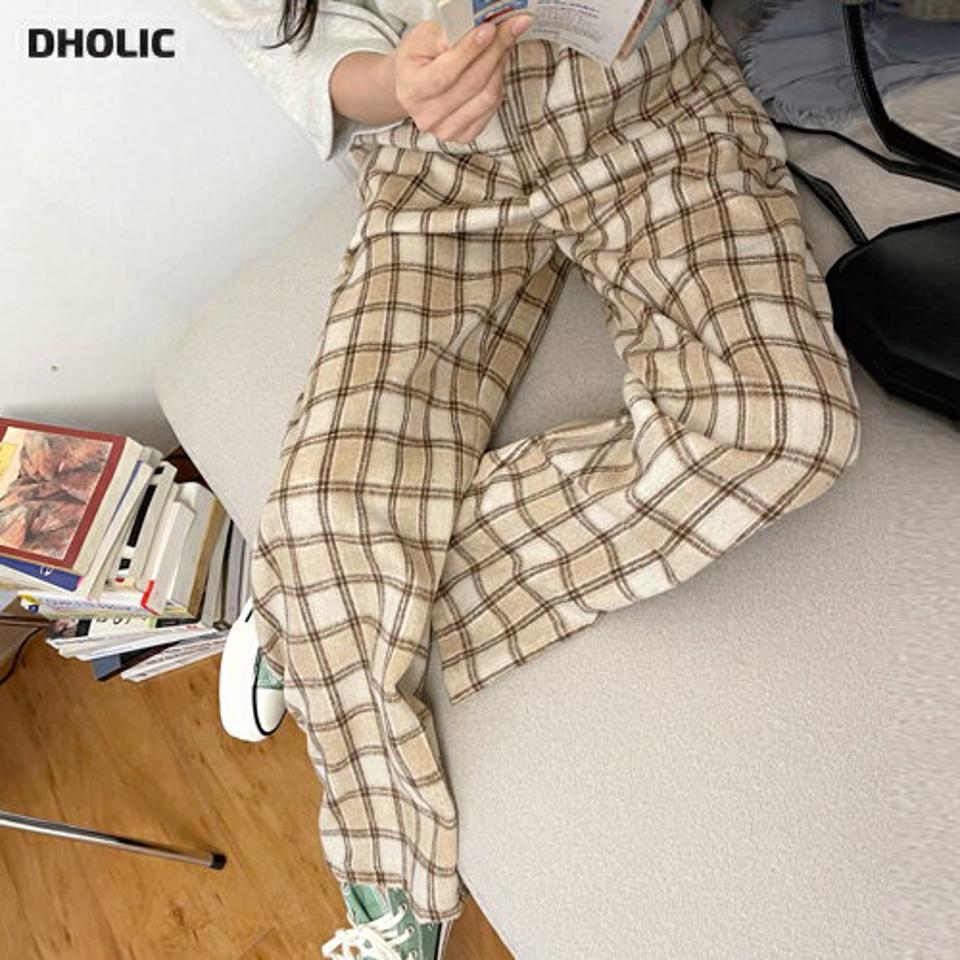 チェック柄ポケットパンツ・全3色・t01224 レディース 【pt】韓国ファッション ボトムス パンツ ロング ロングパンツ チェック柄 ポケットパンツ ワイド ロング丈 足長 細身 着痩せ 体型カーバー ハイウエスト ルーズ モダン 秋 冬 NIJU