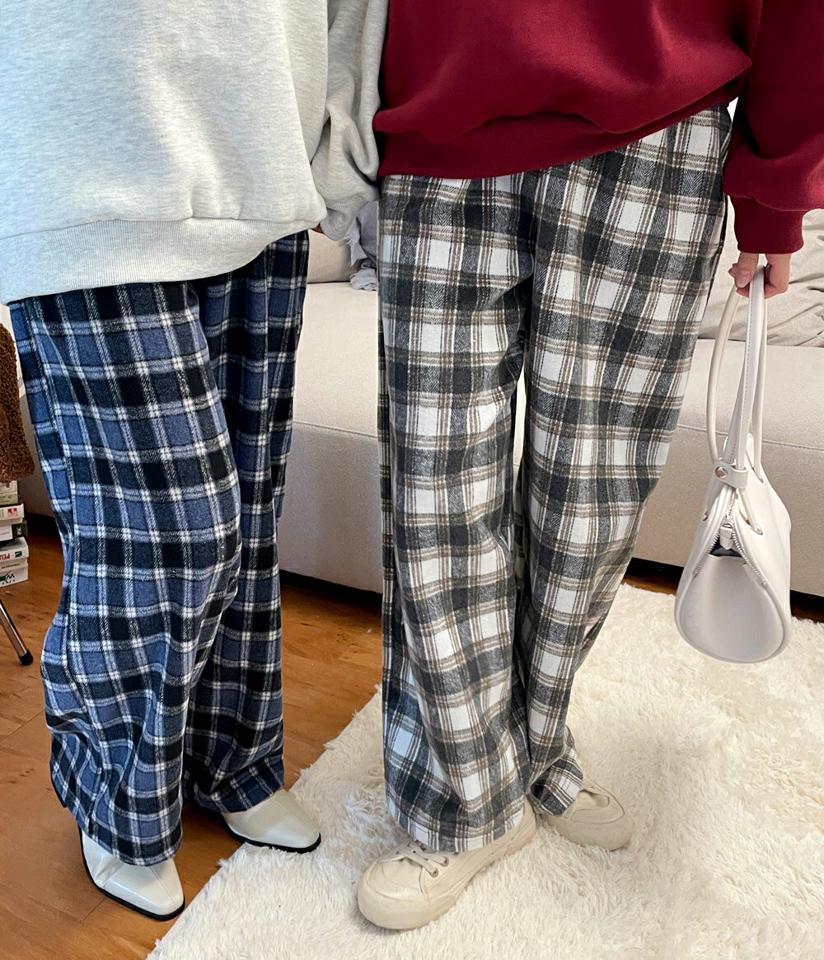 チェック柄ポケットパンツ・全3色・t01224 レディース 【pt】韓国ファッション ボトムス パンツ ロング ロングパンツ チェック柄 ポケットパンツ ワイド ロング丈 足長 細身 着痩せ 体型カーバー ハイウエスト ルーズ モダン 秋 冬 NIJU