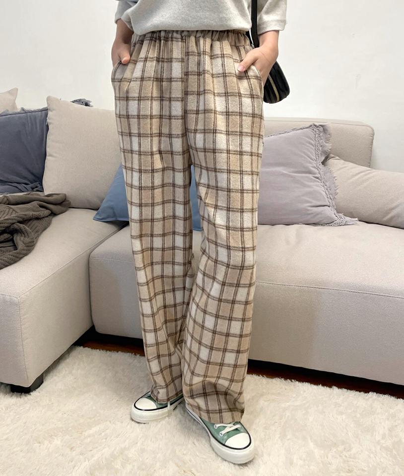 チェック柄ポケットパンツ・全3色・t01224 レディース 【pt】韓国ファッション ボトムス パンツ ロング ロングパンツ チェック柄 ポケットパンツ ワイド ロング丈 足長 細身 着痩せ 体型カーバー ハイウエスト ルーズ モダン 秋 冬 NIJU