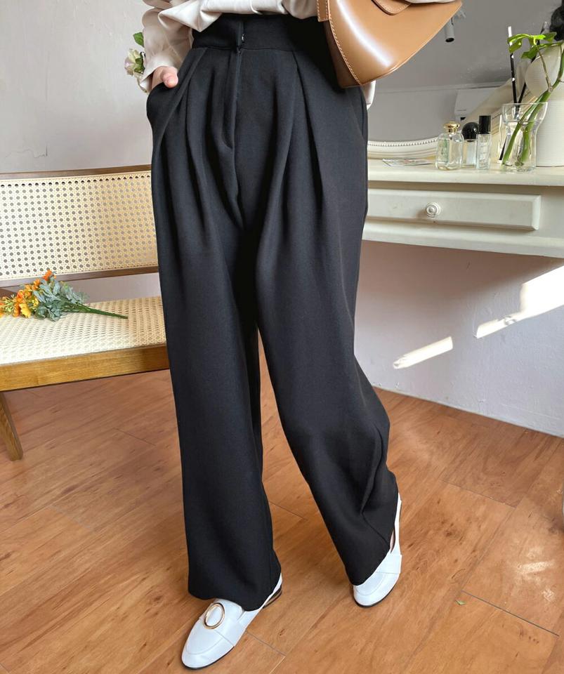 ディープタックポケットスラックス・全3色・t01214 レディース 【pt】韓国ファッション ボトムス パンツ ロング ロングパンツ スラックスパンツ ディープ タック ワイド ストレート ロング丈 無地 足長 細身 着痩せ 体型カバー シンプル 秋 冬 NIJU