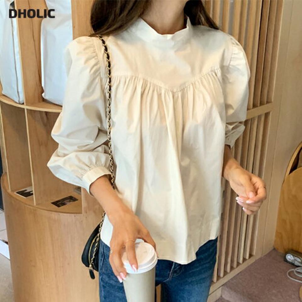 バックリボンギャザーブラウス・全2色・b65276 レディース 【bl】韓国ファッション トップス ブラウス 長袖 ハーフネック ギャザー リボン パフスリーブ 大人 上品 無地 ベーシック シンプル フェミニン 体型カバー ガーリー カジュアル 秋 冬