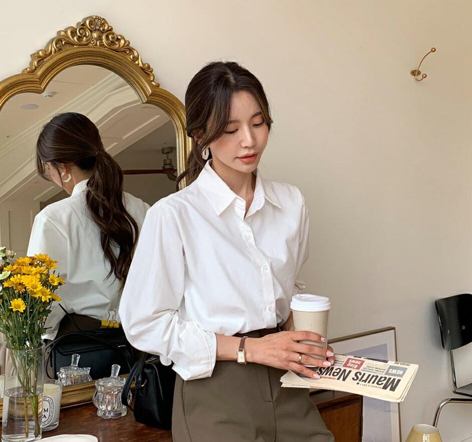 即日配送 パステルカラーシャツ・全7色・t65279 レディース 【bl】韓国ファッション トップス シャツ 長袖 カラーネックク 起毛 上品 ボタン 無地 単色 ベーシック シンプル カジュアル ルーズ 体型カバー ガーリー 秋 冬