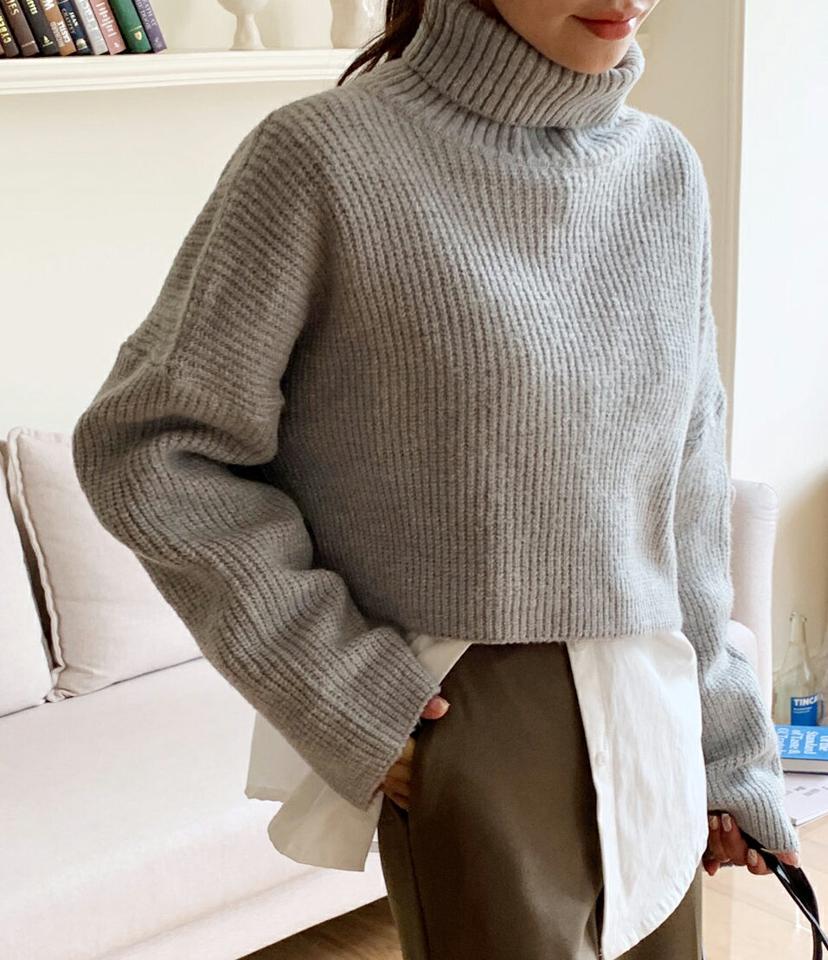 タートルネックルーズフィットニット・全4色・t65283 レディース 【tops】韓国ファッション トップス ニット 大人 長袖 タートルネック クロップド丈 ルーズ 無地 ベーシック シンプル カジュアル フェミニン インしない ボリュームショート丈 秋 冬
