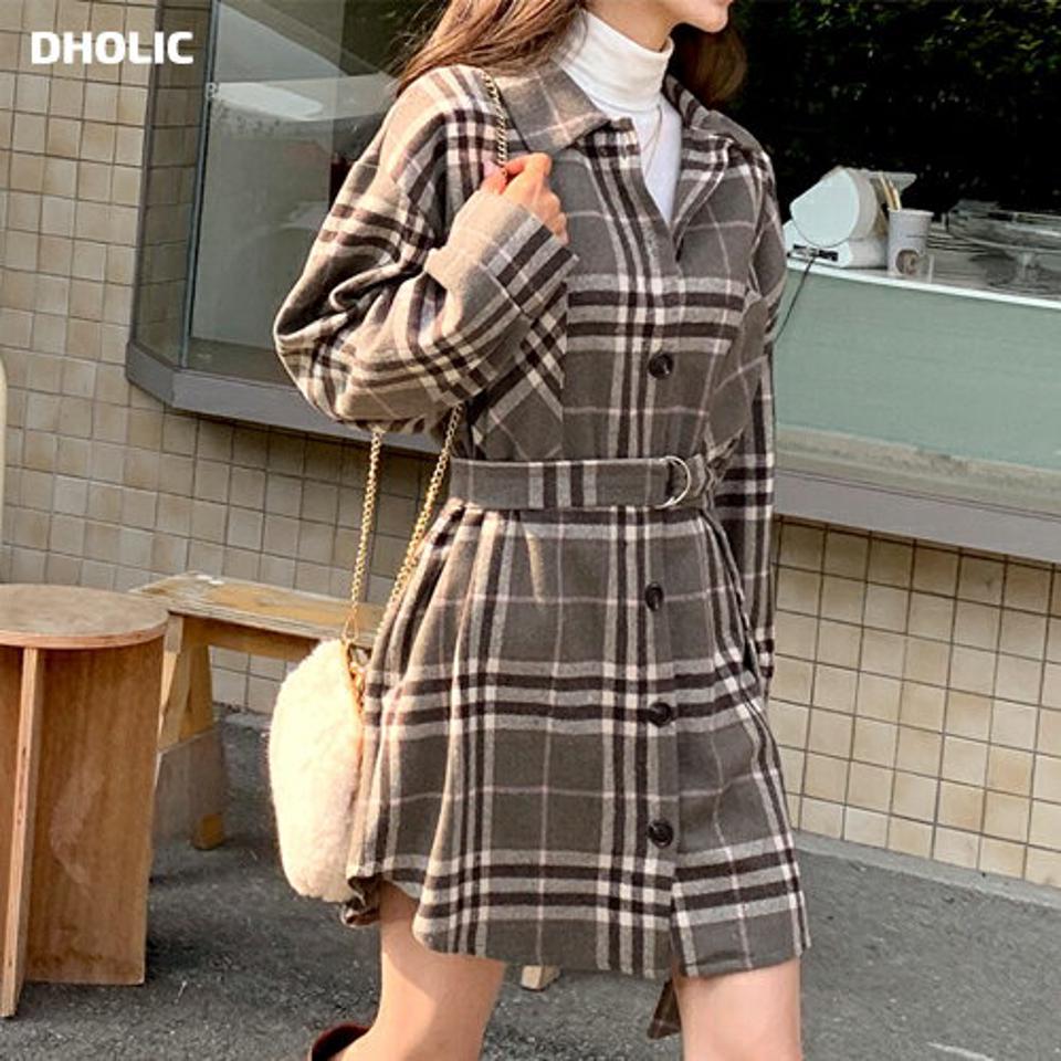 即日配送 ベルト付チェックシャツワンピース・全3色・t65290 レディース 【ops】韓国ファッション ワンピース ミニ ミニワンピース 長袖 カラーネック ボタン ベルト付 チェック シャツワンピース 大人 ミニ丈 シンプル ルーズ フェミニン 体型カバー 秋 冬
